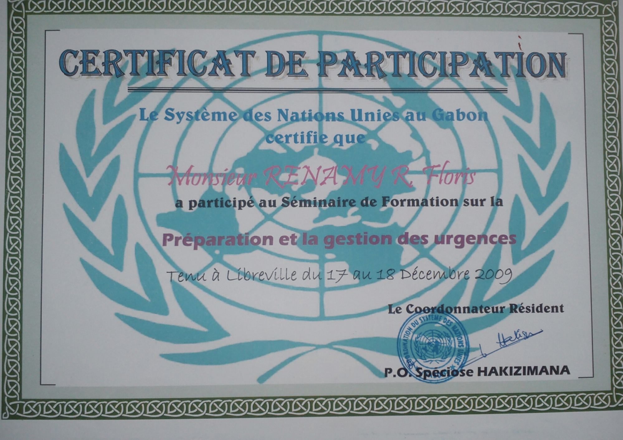 Certificat PNUD urgences